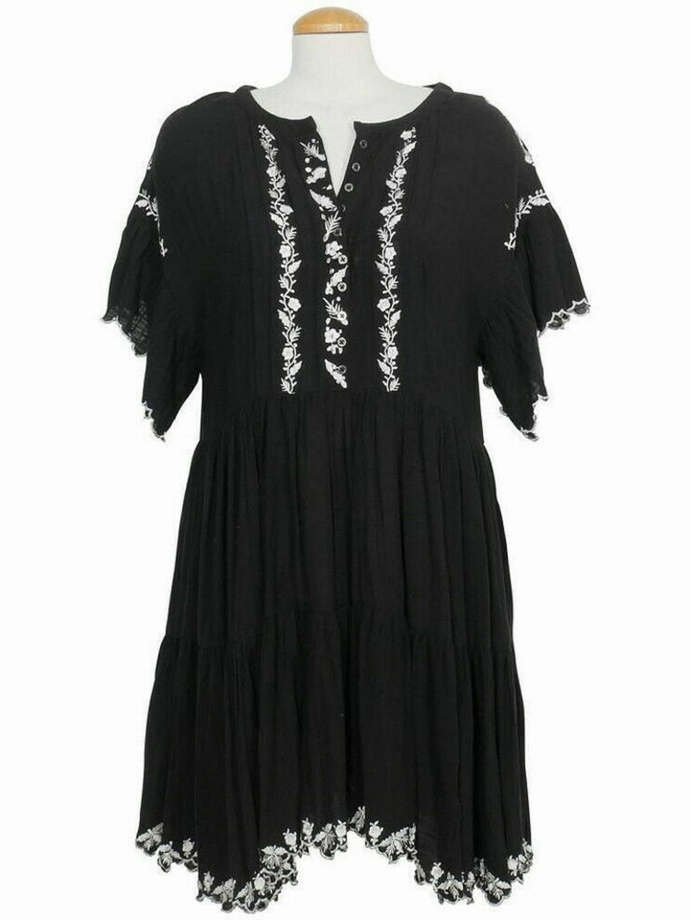 Free People Vintage Santiago Gauze Cotton Black Embroidered Mini Dress